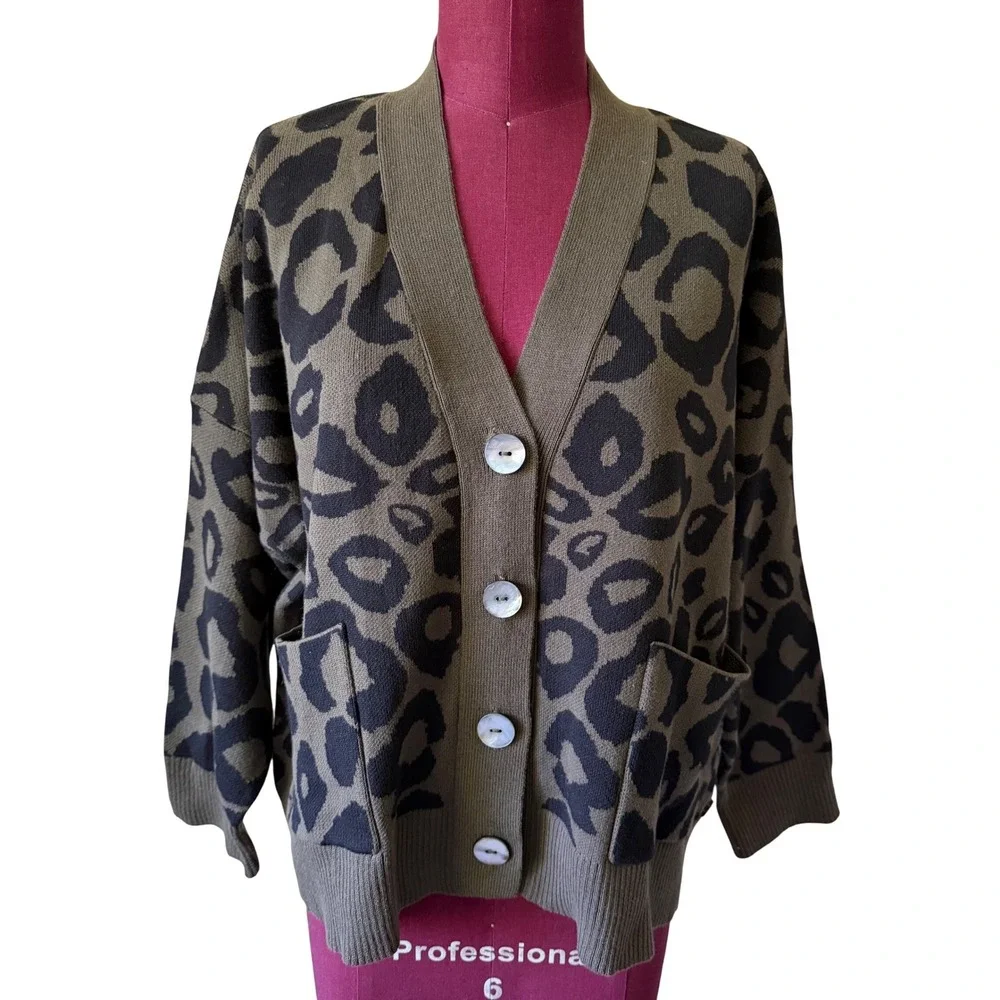 Shannon Passero Cardigan Sweater Leopard Print Olive‎ Green Black One size